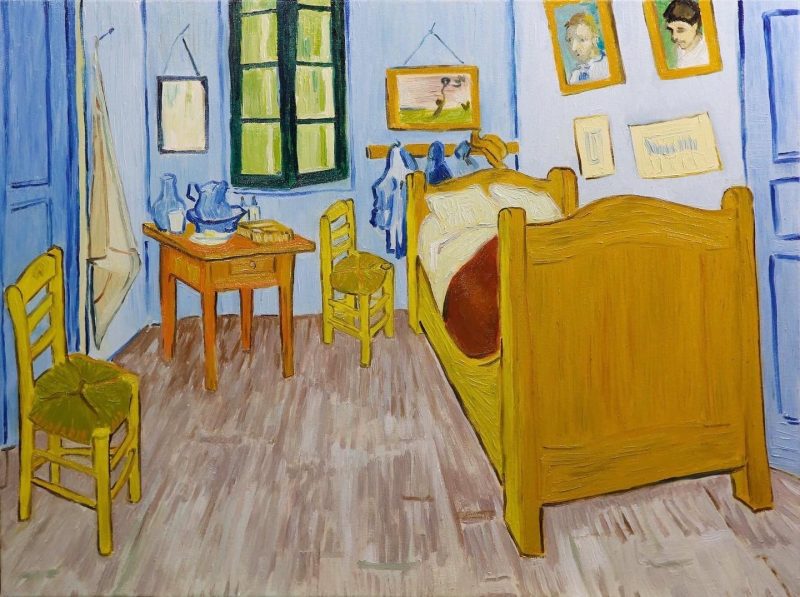 Kopia „Sypialni w Arles" Vincenta van Gogha, żółte łóżko, błękitne ściany