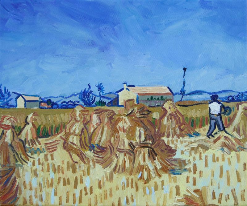 Kopia „Żniw w Prowansji" van Gogha — snopy zboża pod błękitnym niebem