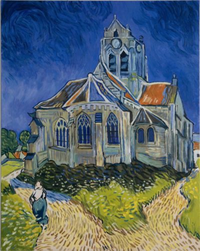 Kopia „Kościoła w Auvers" van Gogha, kobaltowe niebo, rozwidlona ścieżka